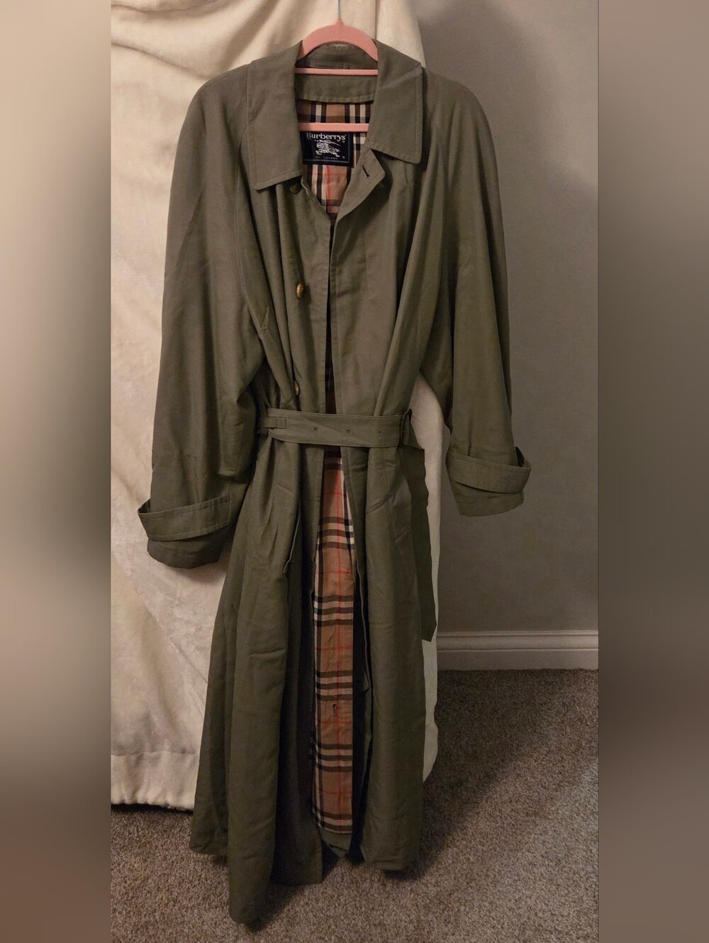 Authentic Burberry Olive Green Trench Coat with Nova Check Lining 40R